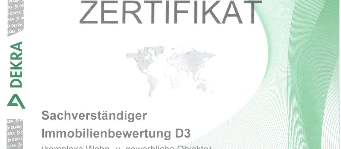 Zertifikat DEKRA Sachverständiger für Immobilienbewertung D3